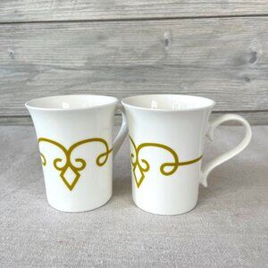 Set of 2 Starbucks 2015 Gold Scroll Diamond 8.5 oz Curved Porcelain Mug Coffee